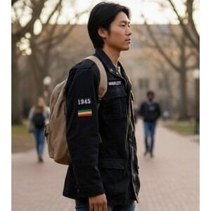 Marley M65 Black Military Field Jacket‎ Men's Size Large 1945 Rasta Patches Hood